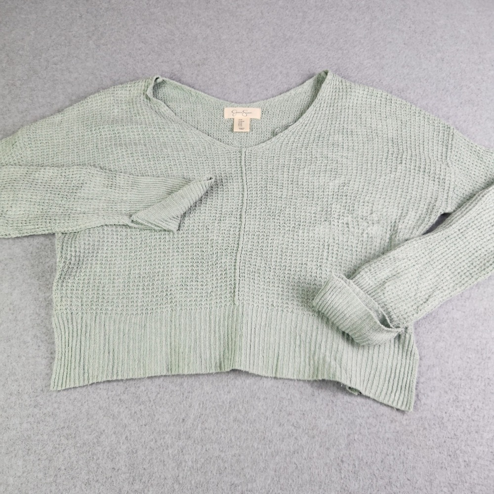 Jessica Simpson Cropped Sweater Womens M Green V-Neck‎ Waffle Knit Relaxed Boho